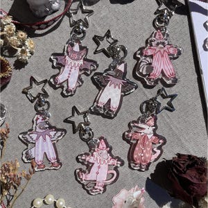 Op de afbeelding: Zes acryl sleutelhangers met geïllustreerde dieren in roze en witte clownskostuums. Elke bedel heeft een zilveren stervormige sluiting. De figuren omvatten een vleermuis, vogel, wasbeer, duif, muis en opossum, allemaal afgebeeld met rucheskragen en puntmutsen.