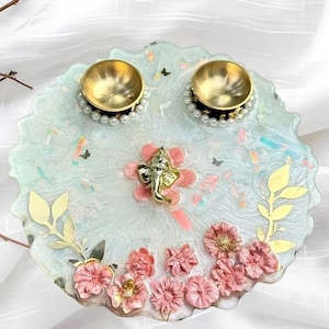 Unique Resin Blessings Mini Pooja Thali, Pooja Plate Hindu Ritual Tray Kanku Chawal Resin work Puja Thali for Wedding Resin Aarti Thali
