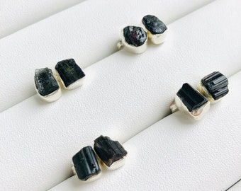 raw black tourmaline stud earrings • 925 sterling silver earring • natural gemstone jewelry • minimalist stud earrings • black crystal studs