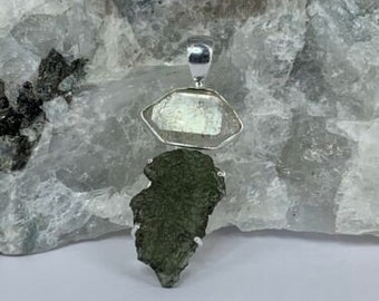 Czech Moldavite, Herkimer Diamond Natural gemstone 925 Solid Sterling Silver Handmade Jewelry Pendant For Women