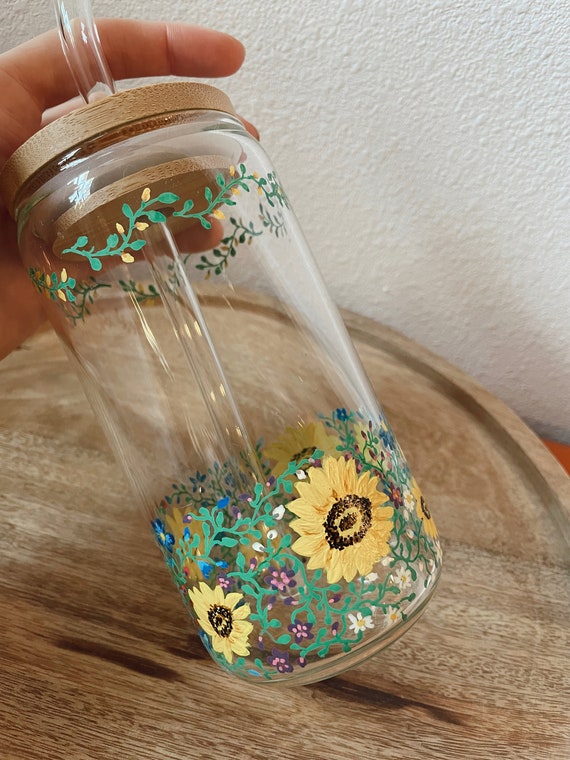 Hand painted glass tumbler with straw and lid