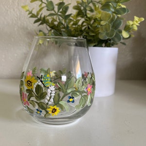 Hand painted floral wine glass