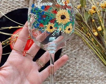 Hand Painted Floral Wine Glass
