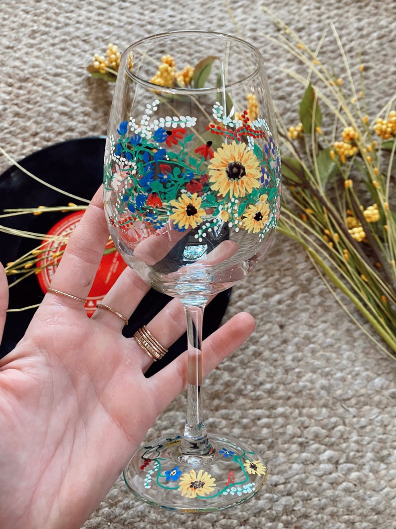 Hand Painted Floral Wine Glass Etsy