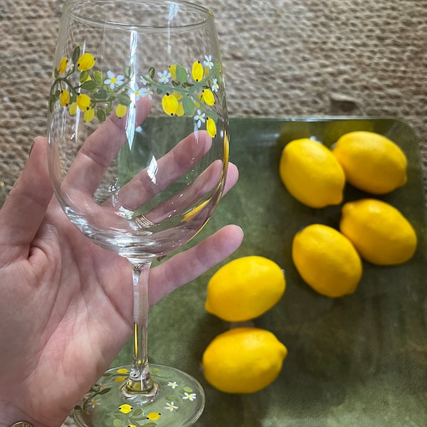 Hand painted delicate lemon wine glass