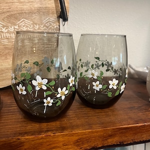 Hand painted floral white wine glass