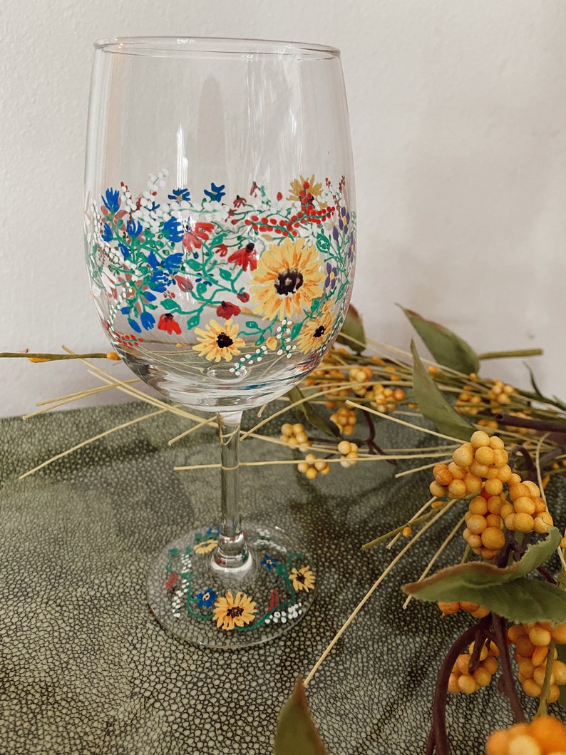Hand Painted Floral Wine Glass Etsy