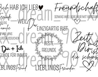 Op de afbeelding: Een witte achtergrond met diverse zwarte scriptzinnen over vriendschap, waaronder "Beste Vrienden" in een krans, "Vrienden voor altijd" en "Tijd met jou is het mooiste." Een zwart hart is ook aanwezig.