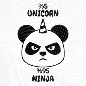 May include: Black and white illustration of a panda with a unicorn horn. The panda has a serious expression and the text "%5 Unicorn" and "%95 Ninja" is written above and below the panda.