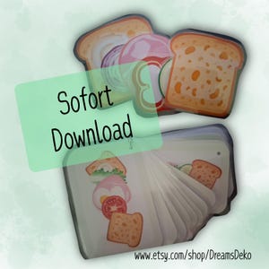May include: Illustrated cards depicting sandwich ingredients, including bread, tomatoes, and onions, alongside cut-out illustrations of sandwich components. The text "Sofort Download" is displayed on a green rectangle.