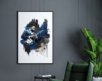 May include: A framed wall art print featuring a watercolor-style illustration of a musician playing an electric guitar. The artwork uses shades of blue, black, and white to depict the performer against a stylized urban skyline silhouette background.
