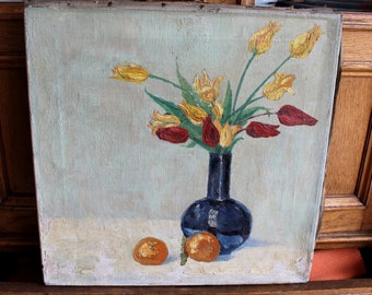 Peinture à l'huile, nature morte originale, art shabby chic, vieille photo sur toile