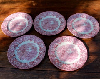 5 assiettes à gâteaux/desserts, en céramique rouge anglaise, Woodland, années 1960, vaisselle de style champêtre, céramique de jardin