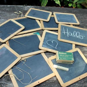11 slate boards, blackboards and pelican chalk, slate signs, price tags,