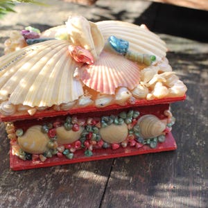 Può includere: Una piccola scatola rossa decorata con conchiglie. La scatola è ricoperta da una varietà di conchiglie, tra cui conchiglie bianche, rosa e marroni. La scatola è un pezzo d'arte unico e fatto a mano.