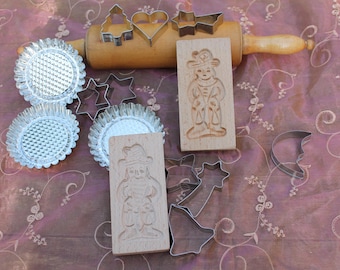 Baking utensils, speculatius wooden molds, baking molds, wooden rolling pin, Christmas baking, Christmas kitchen decoration