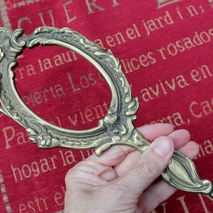 Handspegel i massiv mässing, viktoriansk spegel utan glas, liten rokokospegel