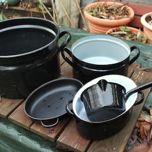 4 emaille potten, bloempotten, tuindecoratie, landelijke decoratie, zwart emaille, pot voor adventsdecoratie, plantenbak, tafeldecoratie