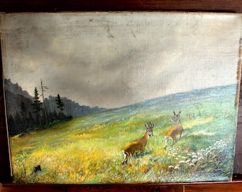 Oil painting, original landscape with deer, shabby chic art, old picture on canvas, country house style