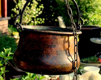 Grande bouilloire en cuivre, jardinière, décoration de jardin, panier suspendu