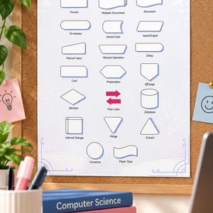 May include: A white educational poster titled FLOWCHART Symbols displaying various geometric shapes and their corresponding labels such as Process, Terminator, Manual Input, Card, Decision, Internal Storage, Connector, Multiple Documents, Stored Data, Manual Operation, Preparation, Flow Lines, Merge, Paper Tape, Document, Input/Output, Delay, Off page, Database, and Extract.
