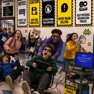 May include: A group of students in a computer lab with wall signs reading Notice, Caution, Warning, and Notice. One student sits in a rolling chair holding a keyboard, while another holds a megaphone. A computer monitor displays an error message.