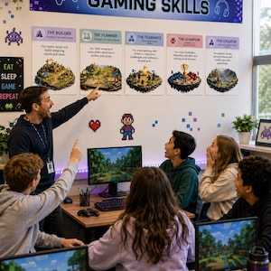 May include: A classroom wall display titled GAMING SKILLS featuring five posters labeled THE BUILDER, THE PLANNER, THE TEAMMATE, THE CHAMPION, and THE CREATOR, each with descriptive text and illustrations of floating islands above a group of students.