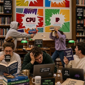 May include: A group of people in a library setting with computer science themed posters, books, and signs. One person holds a toy blaster, another holds books over their head, and others study with laptops and mugs labelled Code Fuel and Caffeine Algorithms.