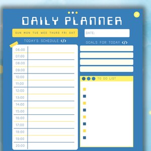 May include: A blue daily planner with yellow accents. The planner has a section for today's schedule, goals for the day, a to-do list, notes, and for tomorrow. The planner is designed with a Python theme and has code symbols throughout.