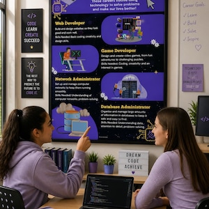 May include: A large educational poster titled Computer Science Careers featuring descriptions for Web Developer, Game Developer, Network Administrator, and Database Administrator roles, displayed on a wall with surrounding motivational signs.