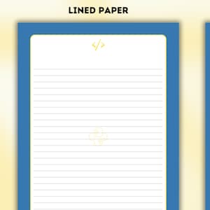 May include: Two blue lined paper sheets with a yellow code symbol in the top left corner. The left sheet has lines and the right sheet is blank. The text "LINED PAPER" is above the left sheet and "BLANK PAPER" is above the right sheet.