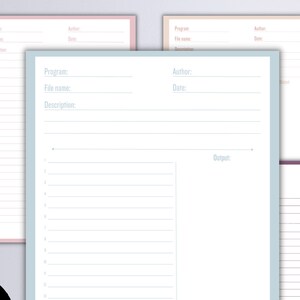 May include: Three printable planner pages in pink, blue, and purple with lined sections for writing. The pages are labelled "Program", "Author", "File name", "Date", "Description", and "Notes". The text "A4 Size, A5 size, US letter size" is written in black on a white background.
