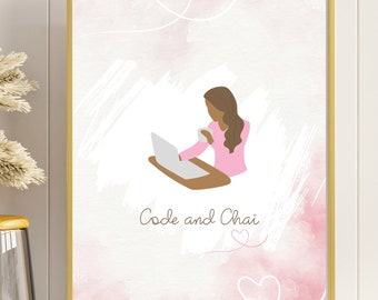 Computer Science Wall Art, Code and Chai Poster, Programmer Gift, Coding Decor, Software Engineer Print, Tech Student Gift, Digital Download
