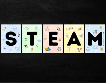 Wystawa STEAM w klasie | Nauka, technologia, inżynieria, sztuka, matematyka, plakaty z literami | Dekoracja tablicy ogłoszeń