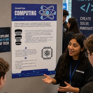 May include: A display board titled Quantum Computing with diagrams and text, positioned at a booth with a laptop showing What Will You Build, a bowl of sweets, and brochures labelled Quantum Computing and Keep Calm and Code On on a dark table.
