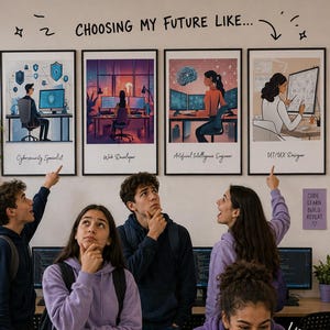 May include: Four framed posters titled Cybersecurity Specialist, Web Developer, Artificial Intelligence Engineer, and UI/UX Designer. Below, people in hoodies interact with a laptop, a mug reading EAT SLEEP CODE REPEAT, and books labelled Computer Science, Algorithms, Python Programming, and Data Structures.