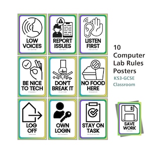May include: A collection of ten computer lab rules posters, each with a black and white graphic and text. The posters display rules such as "Low Voices," "Report Issues," and "Save Work." Designed for a KS3-GCSE classroom.