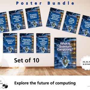 Pu&ograve; includere: Un set di 10 poster educativi intitolato Poster Bundle, sul tema What Is Quantum Computing? Ogni poster mostra riquadri di testo blu con informazioni scientifiche su qubit, circuiti quantistici e porte, insieme a una piccola grafica di robot.