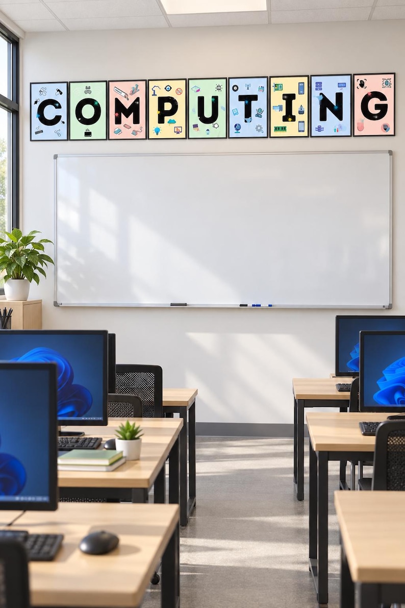 May include: A classroom setting featuring rows of computer desks with monitors and a large white board. Above the board, ten framed posters display the letters C-O-M-P-U-T-I-N-G, each decorated with various colorful technology-themed icons.