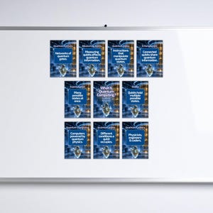 Pu&ograve; includere: Un set di dieci poster educativi sull'informatica quantistica disposti su una lavagna bianca. Ogni poster presenta uno sfondo blu con una piccola grafica di un robot e testo che spiega concetti come circuiti quantistici e qubit.