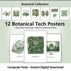 Pode incluir: Uma coleção de 12 cartazes tecnológicos botânicos com ilustrações de hardware de computador integrado com a natureza. O conjunto inclui imagens de um disco rígido, placa-mãe e tela de computador, em tons de verde sobre fundo branco.