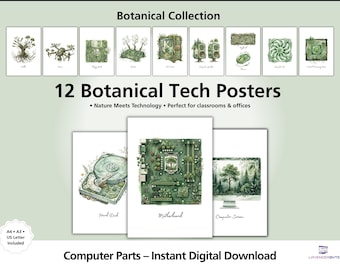 Botanical Computer Hardware Watercolor Print Set of 12, Vintage Motherboard CPU Keyboard Mouse Wall Art, Programmer Office Decor, Download