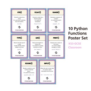 Pu&ograve; includere: Un set di dieci schede didattiche con funzioni Python, tra cui STR(), FLOAT(), RANGE(), TYPE(), LEN(), PRINT(), ROUND() e INPUT(). Ogni scheda ha uno sfondo bianco, bordi blu e testo nero, progettato per un'aula KS3-GCSE.