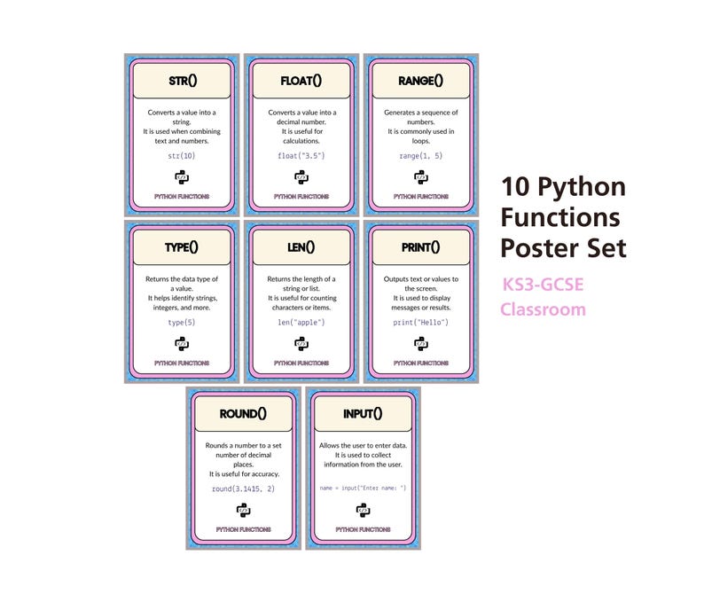 Pu&ograve; includere: Un set di dieci schede didattiche con funzioni Python, tra cui STR(), FLOAT(), RANGE(), TYPE(), LEN(), PRINT(), ROUND() e INPUT(). Ogni scheda ha uno sfondo bianco, bordi blu e testo nero, progettato per un'aula KS3-GCSE.