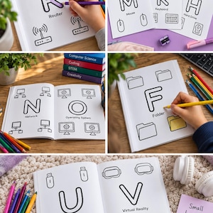 Puede incluir: Un libro de colorear educativo sobre informática que presenta páginas con letras e iconos tecnológicos correspondientes como routers, ratones, teclados, discos duros, redes, sistemas operativos, carpetas, memorias USB y cascos de realidad virtual.
