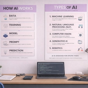 Plakaty z AI w pracowni komputerowej | Wystawa w klasie sztucznej inteligencji | Dekoracje do klasy informatyki | Umiejętności czytania i pisania z AI | Odpowiedzialna AI | KS3 KS4