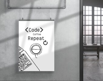 Coffee Code Repeat Poster Printable | Funny Coding Wall Art | Programmer Gift | Software Developer Office Decor | Computer Science Wall Art