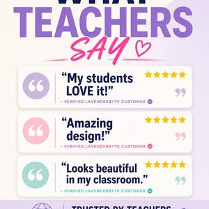 May include: A graphic featuring the text WHAT TEACHERS SAY with five yellow stars. Three white rectangular boxes contain customer reviews with five-star ratings, each labeled VERIFIED LAVENDERBYTE CUSTOMER. Includes the text TRUSTED BY TEACHERS WORLDWIDE and LAVENDERBYTE COMPUTER SCIENCE RESOURCES.