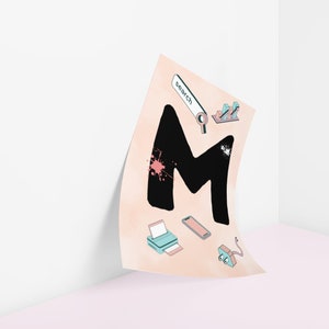 May include: A peach-colored sheet of paper with a black letter M in the center. The letter M is surrounded by various office supplies, including a printer, a magnifying glass, a phone, and a power cord. The paper is slightly curled at the edges.