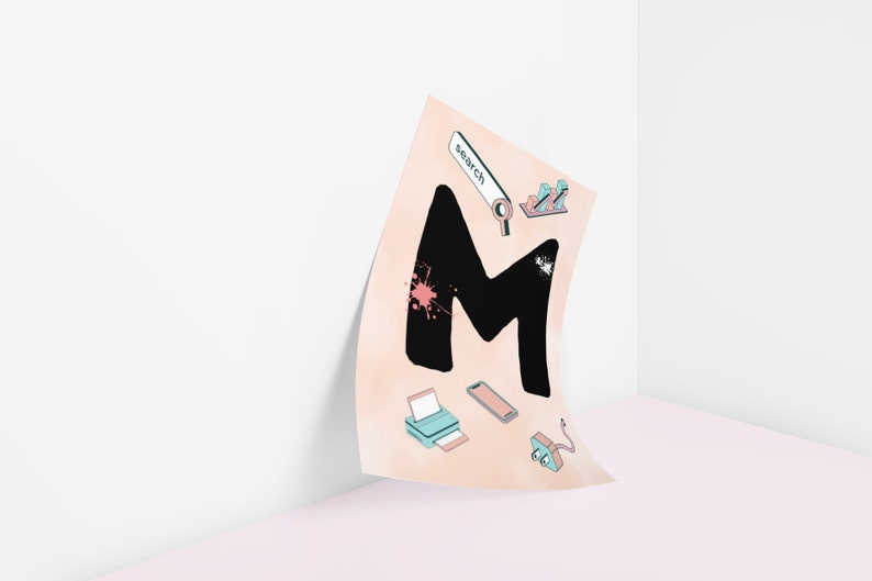 May include: A peach-colored sheet of paper with a black letter M in the center. The letter M is surrounded by various office supplies, including a printer, a magnifying glass, a phone, and a power cord. The paper is slightly curled at the edges.